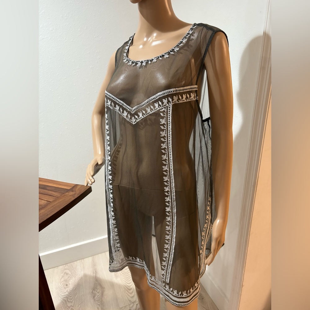 ALFANI 3X Sheer, sleeveless tunic. Olive green with white embroidery. NWOT